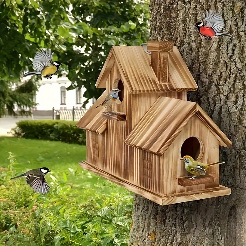Rustic Wooden Birdhouse with Multiple Nests and Spacious Feeding Platform