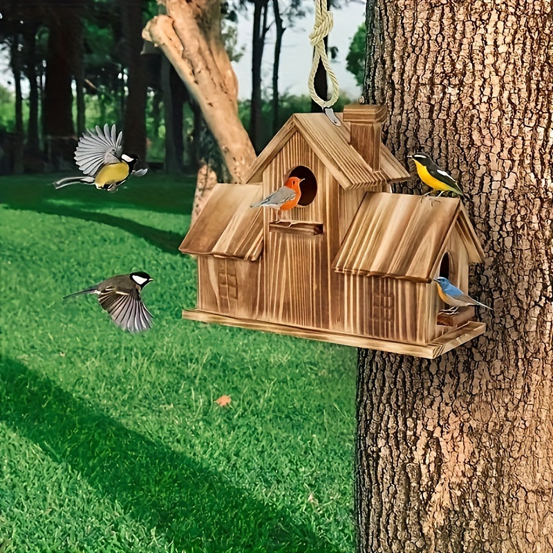 Rustic Wooden Birdhouse with Multiple Nests and Spacious Feeding Platform
