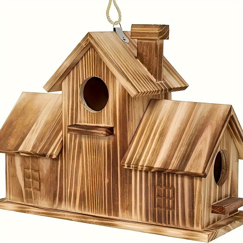 Rustic Wooden Birdhouse with Multiple Nests and Spacious Feeding Platform