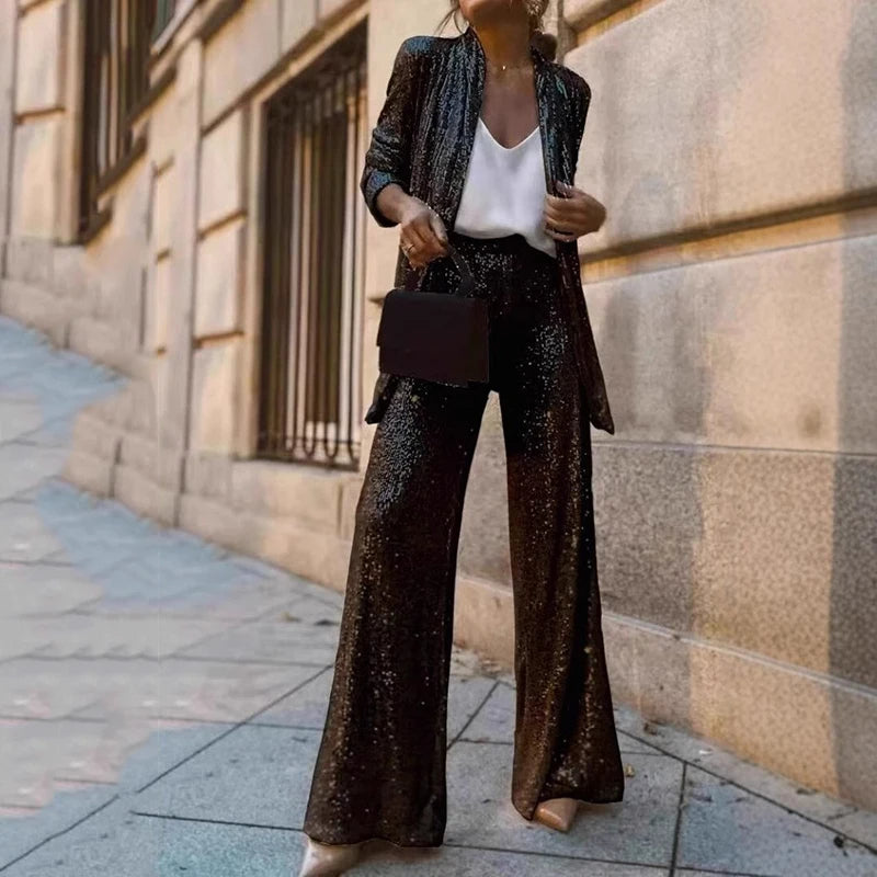 Sequin Two-Piece Set with High-Waisted Trousers