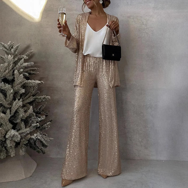 Sequin Two-Piece Set with High-Waisted Trousers