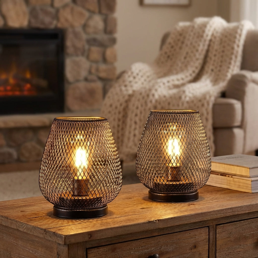 Set of 2 Wireless LED Table Lamps with Mesh Shade and Warm Light