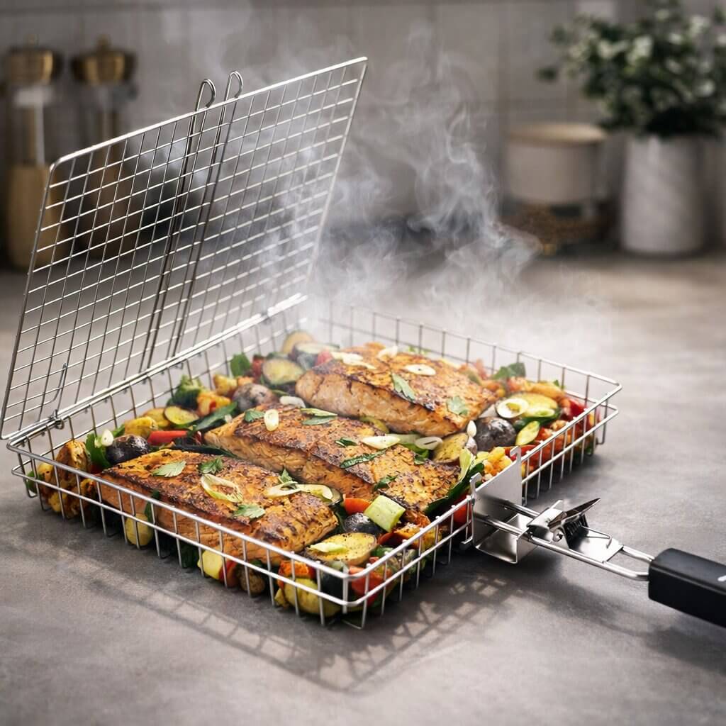Stainless Steel BBQ Grill Basket with Even Heat Distribution