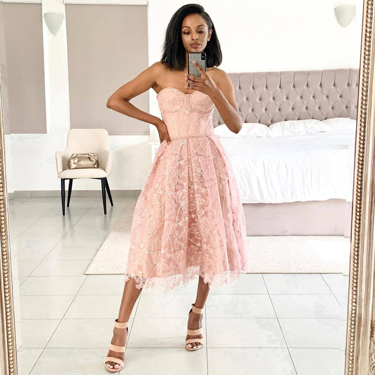Strapless Midi Dress with Corset Bodice