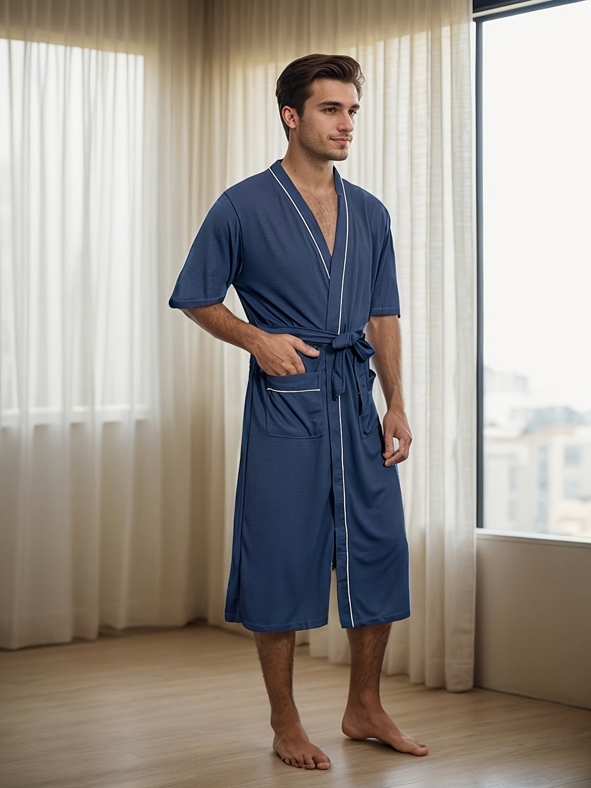 Stylish Men's Short-Sleeve Bathrobe with Two Pockets