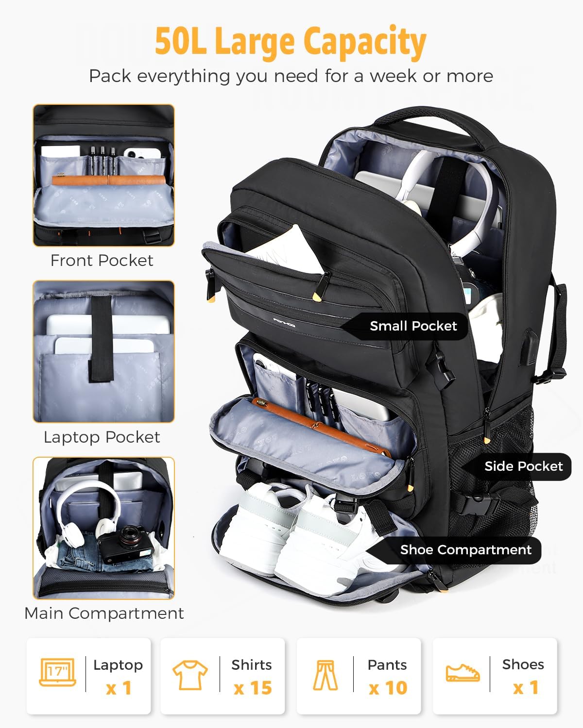 Travel Backpack - Carry-On Luggage with Shoe Compartment & USB Charging Port