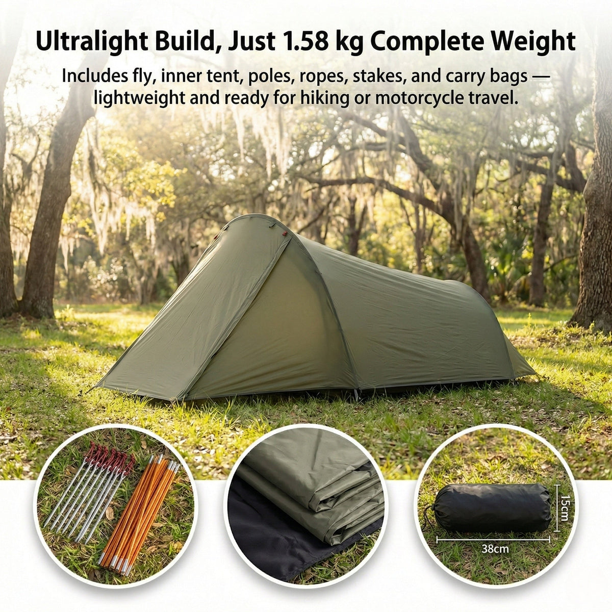 Ultralight 2-Person Backpacking Tunnel Tent, 1.58 kg