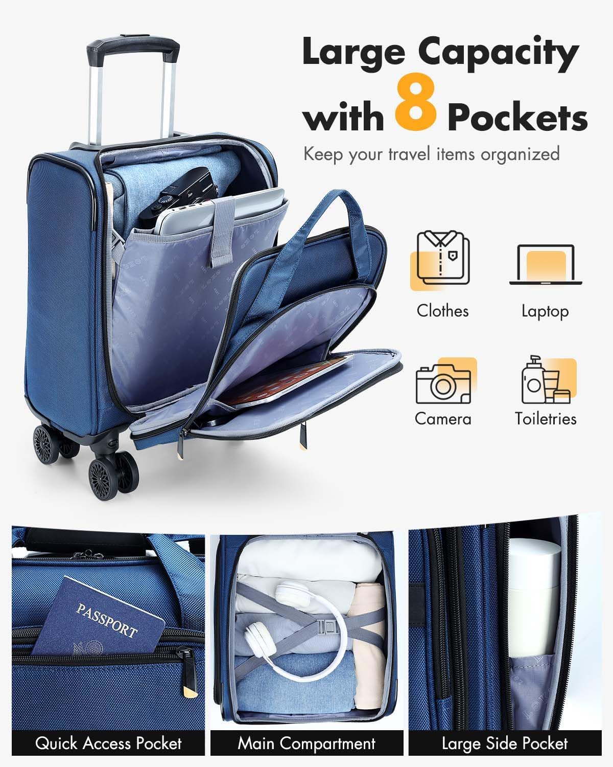 Unisex Carry-On Trolley with Spinner Wheels & Laptop Compartment – Compact Travel