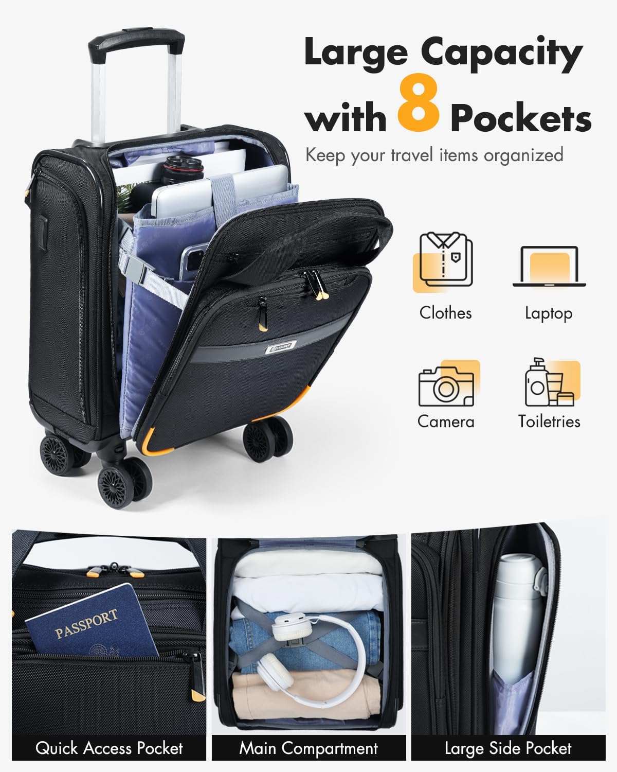Unisex Carry-On Trolley with Spinner Wheels & Laptop Compartment – Compact Travel