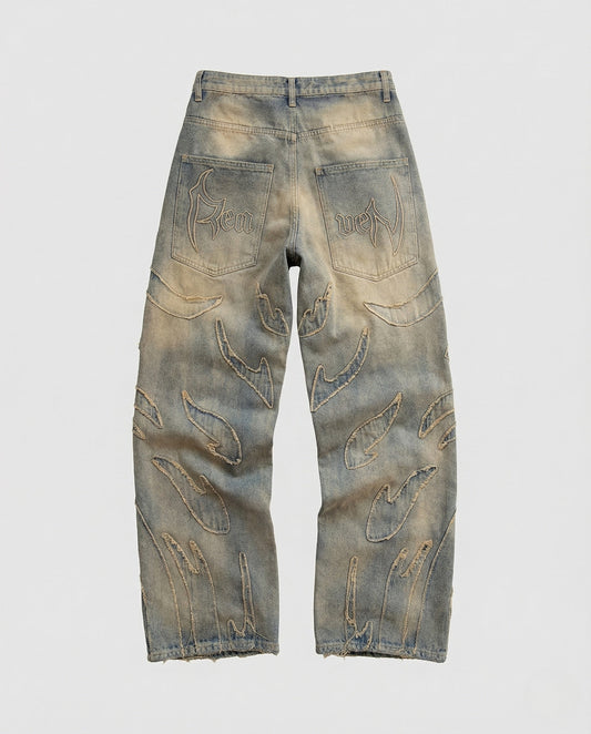 Unisex Wide-Leg Distressed Jeans with Cutouts and Fringe