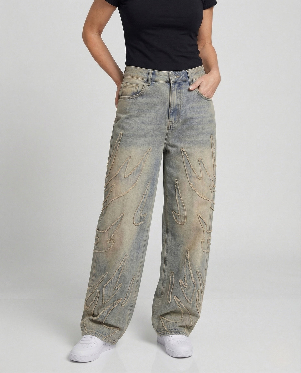 Unisex Wide-Leg Distressed Jeans with Cutouts and Fringe