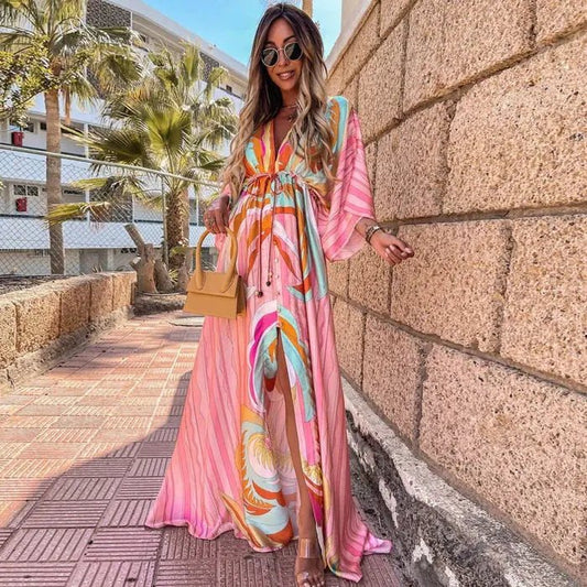 V-Neck Kimono Sleeve Abstract Print Split Maxi Dress