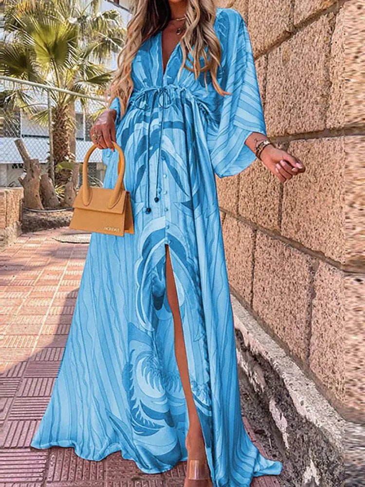 V-Neck Kimono Sleeve Abstract Print Split Maxi Dress