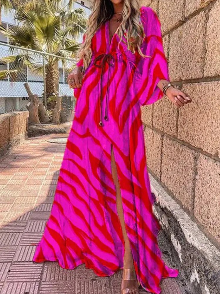 V-Neck Kimono Sleeve Abstract Print Split Maxi Dress