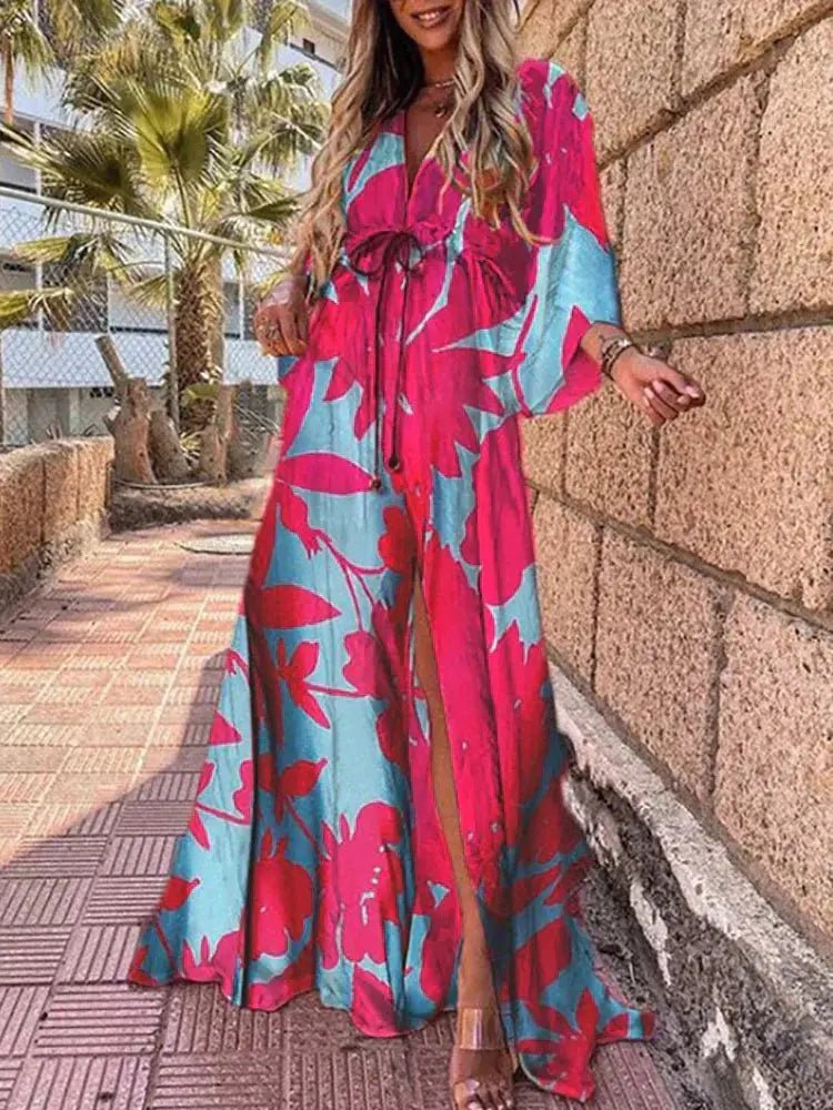V-Neck Kimono Sleeve Abstract Print Split Maxi Dress