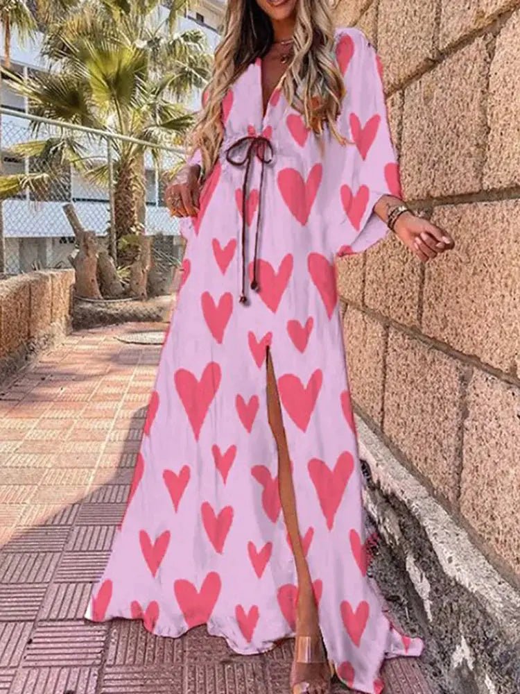 V-Neck Kimono Sleeve Abstract Print Split Maxi Dress