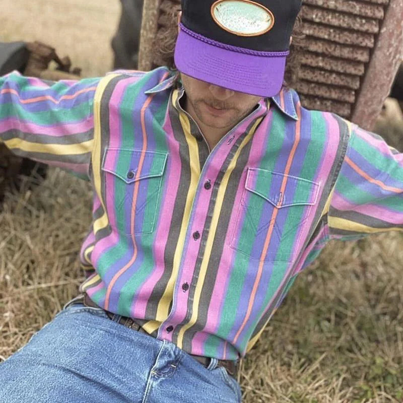 Vintage Striped Long-Sleeve Button-Down Shirt