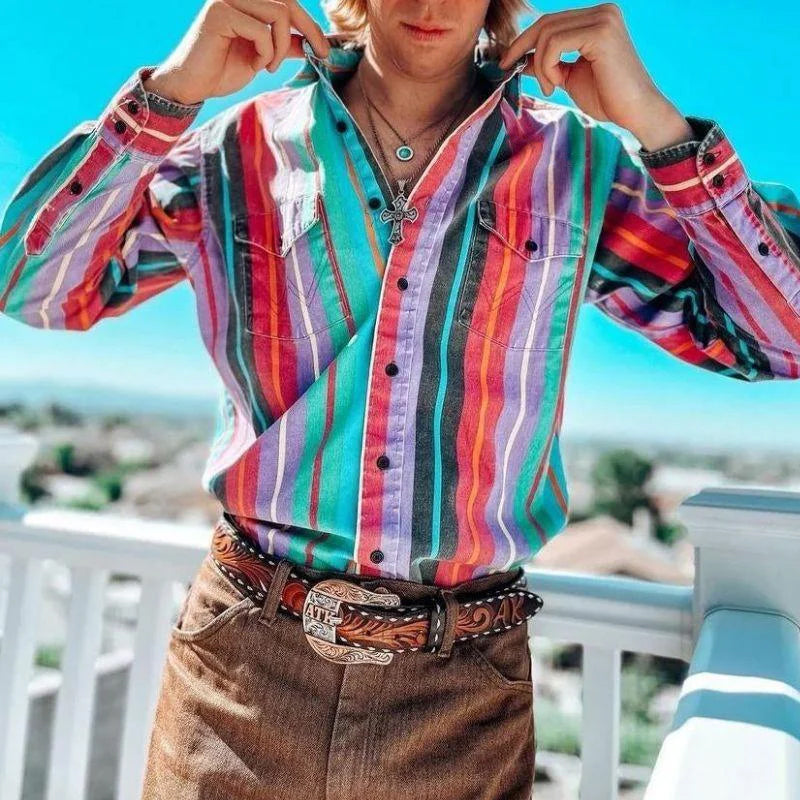 Vintage Striped Long-Sleeve Button-Down Shirt