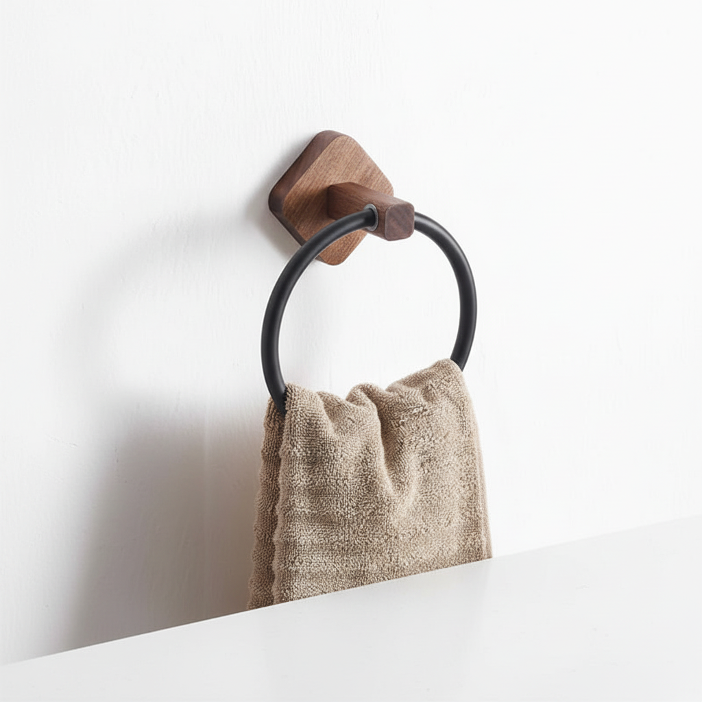 Wall-Mounted Wood and Aluminum Towel Ring