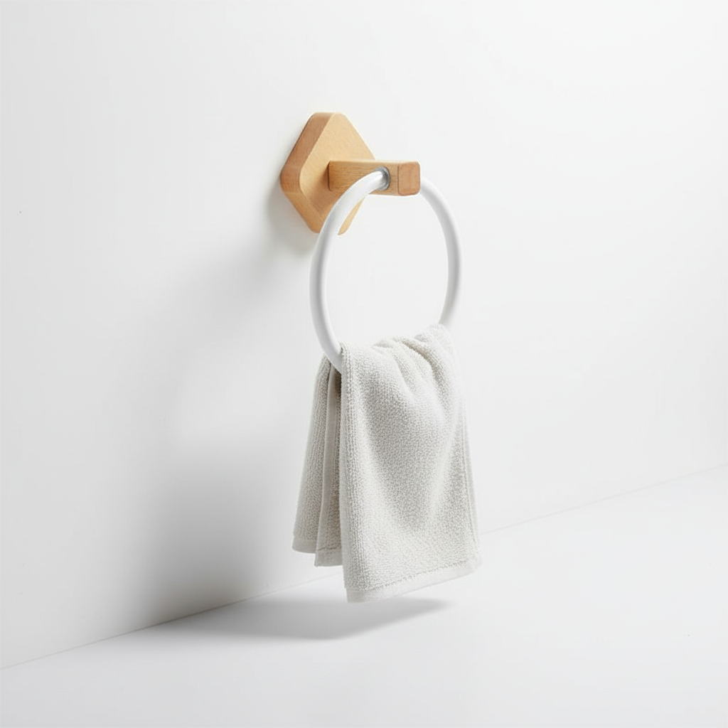 Wall-Mounted Wood and Aluminum Towel Ring