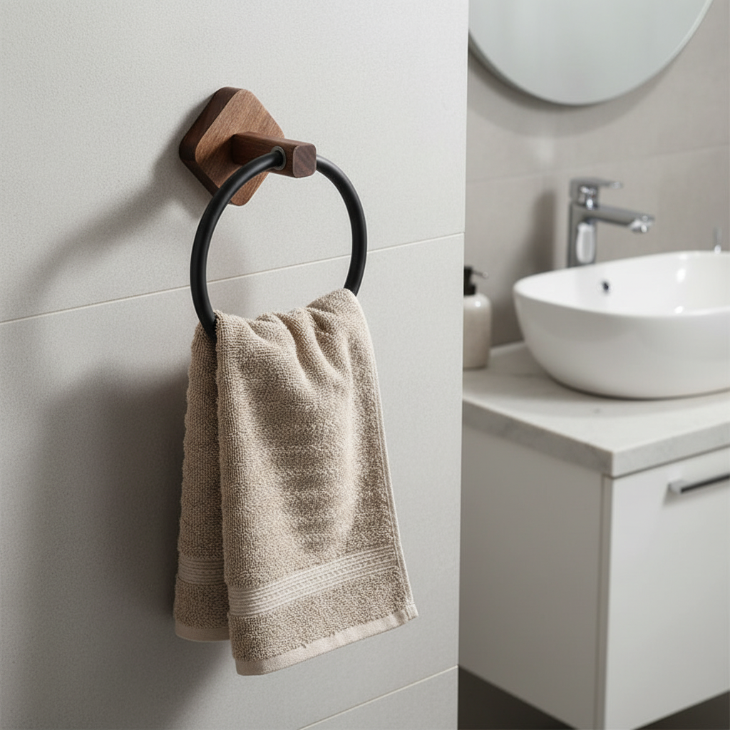 Wall-Mounted Wood and Aluminum Towel Ring