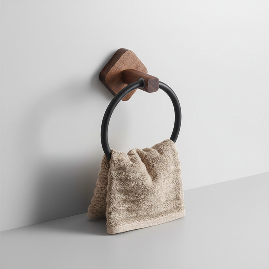 Wall-Mounted Wood and Aluminum Towel Ring