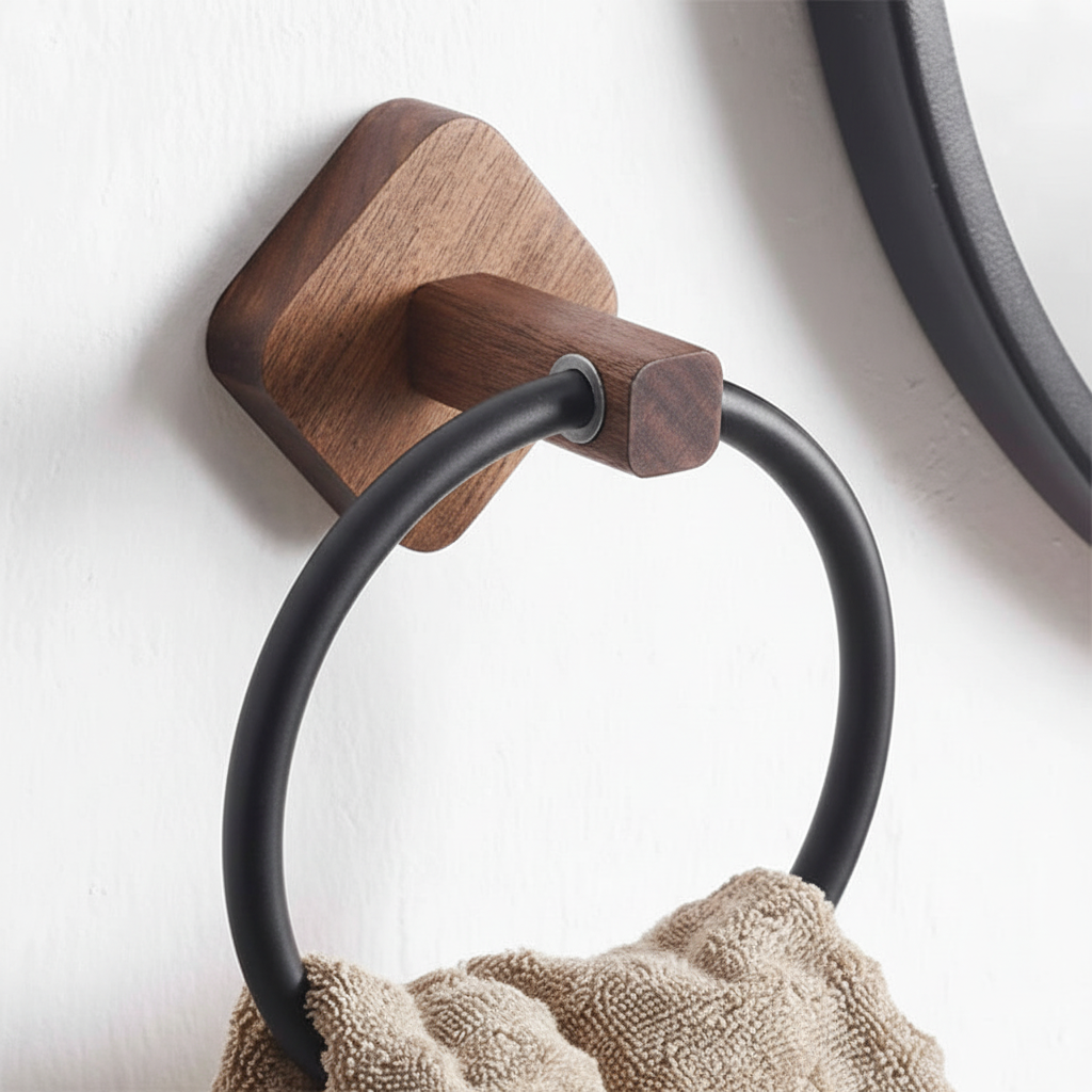 Wall-Mounted Wood and Aluminum Towel Ring