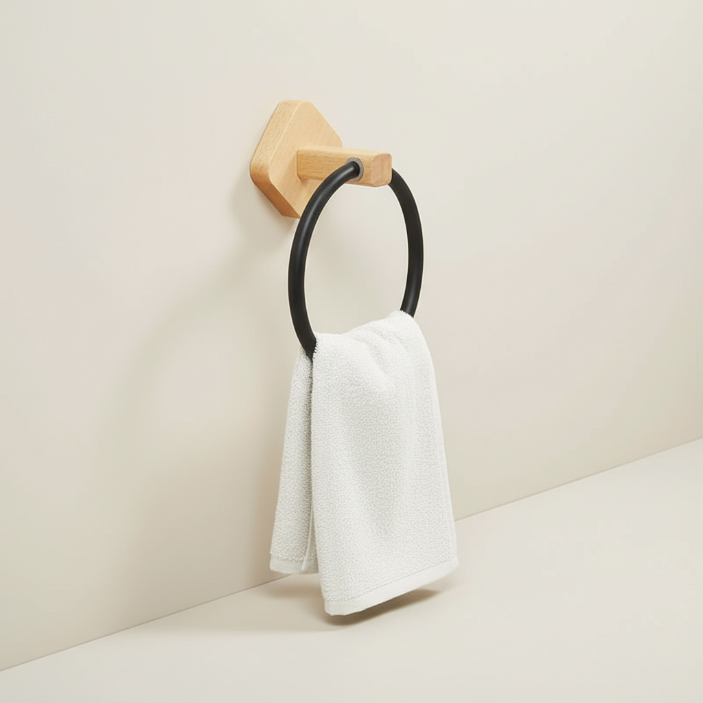 Wall-Mounted Wood and Aluminum Towel Ring