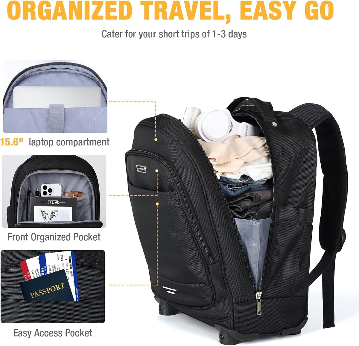 Water-Resistant Rolling Laptop Backpack with 4 Spinner Wheels