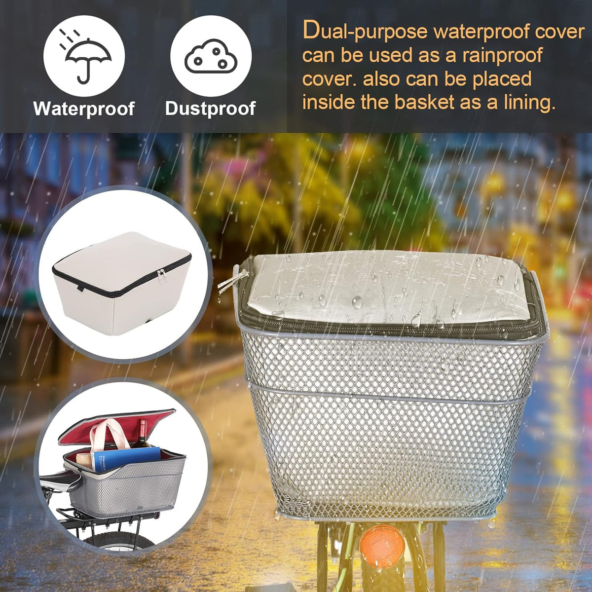 Waterproof Rear Bike Basket with Rainproof Cover