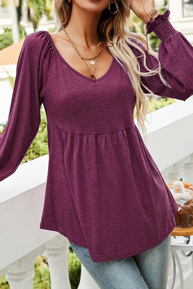 Women's Babydoll V-Neck Long Sleeve Flowy Tunic Top