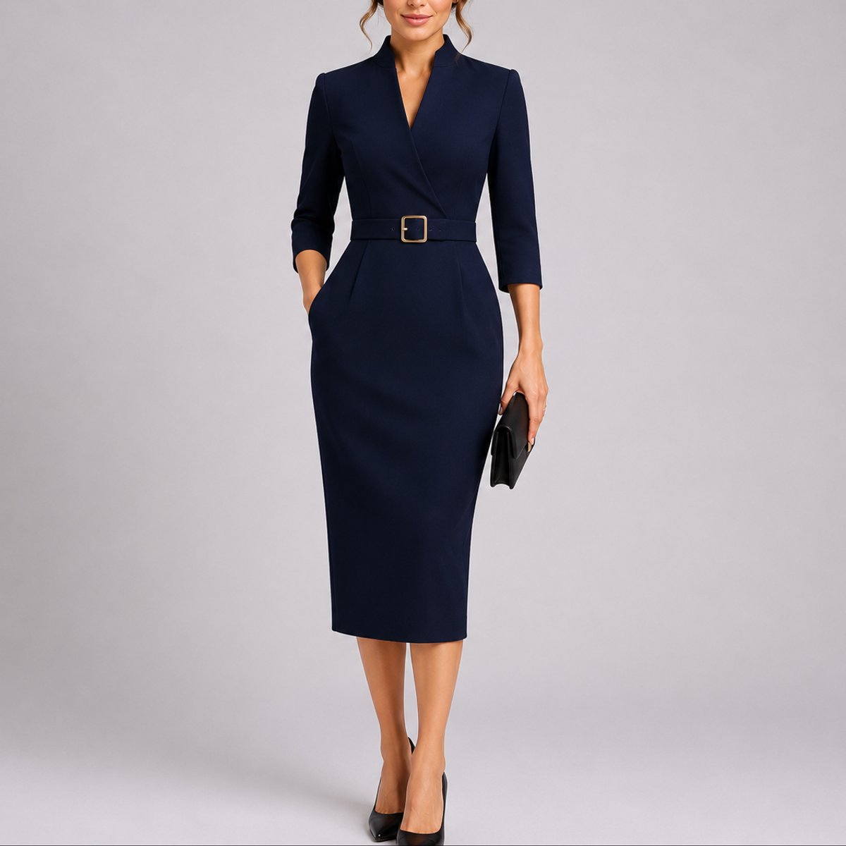 Women's Belted V-Neck Bodycon Midi Fall Wedding Guest Dress