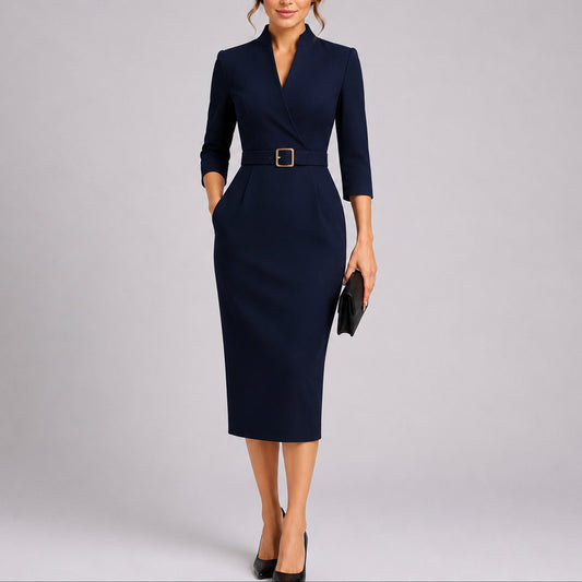 Women's Belted V-Neck Bodycon Midi Fall Wedding Guest Dress
