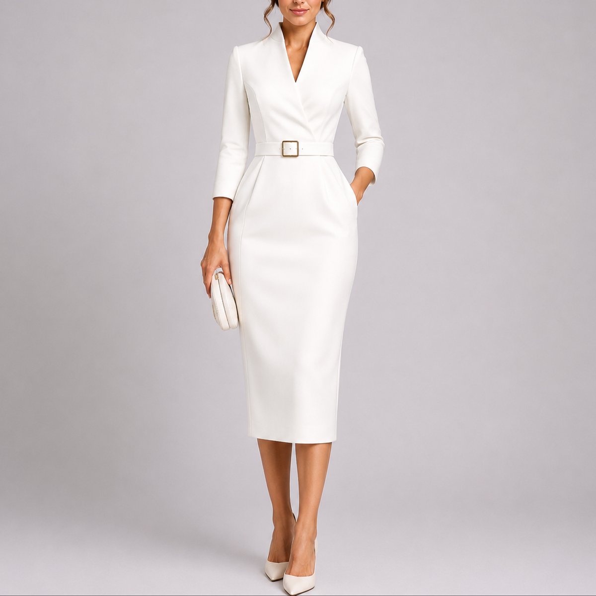 Women's Belted V-Neck Bodycon Midi Fall Wedding Guest Dress
