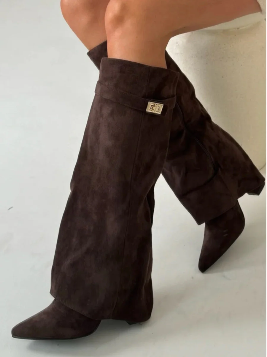 Women's Black Knee-High Boots with Gold Details