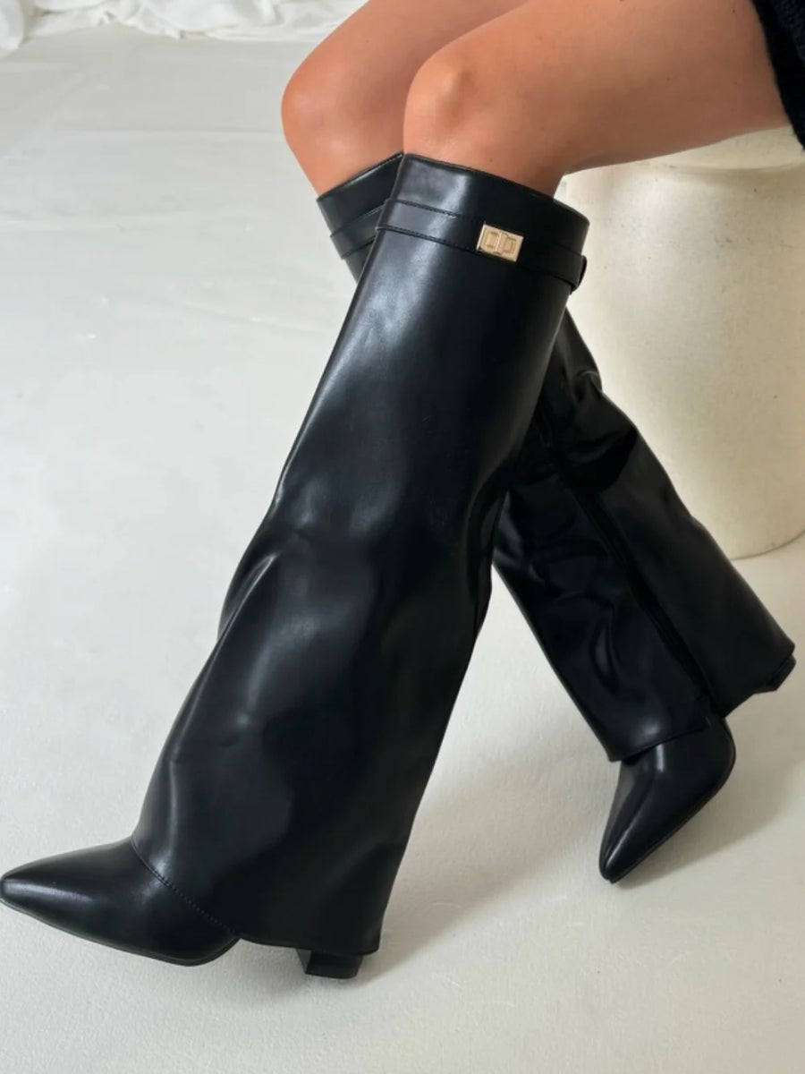 Women's Black Knee-High Boots with Gold Details
