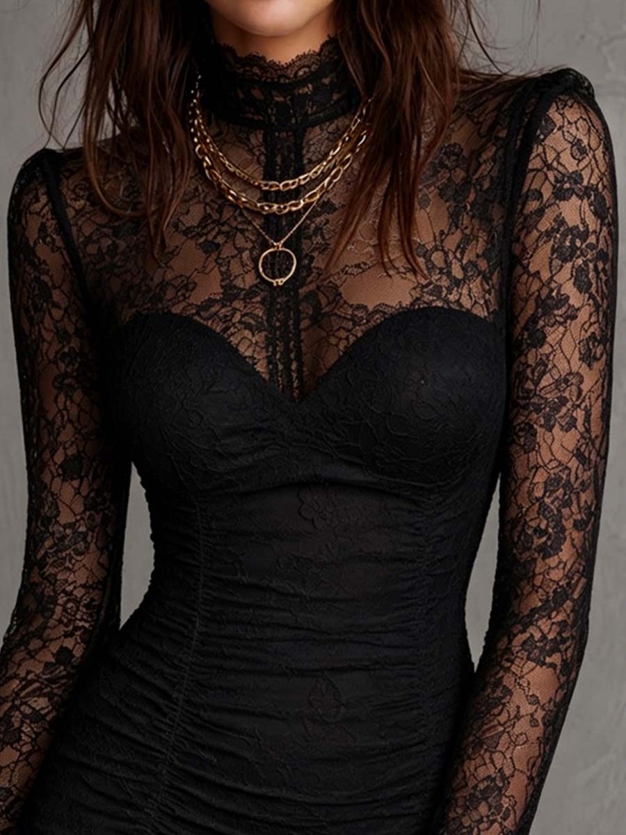 Women's Black Ruched Long-Sleeve Mini Dress