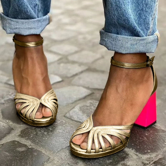 Women's Block Heel Sandals with Ankle Strap and Cushioned Insole