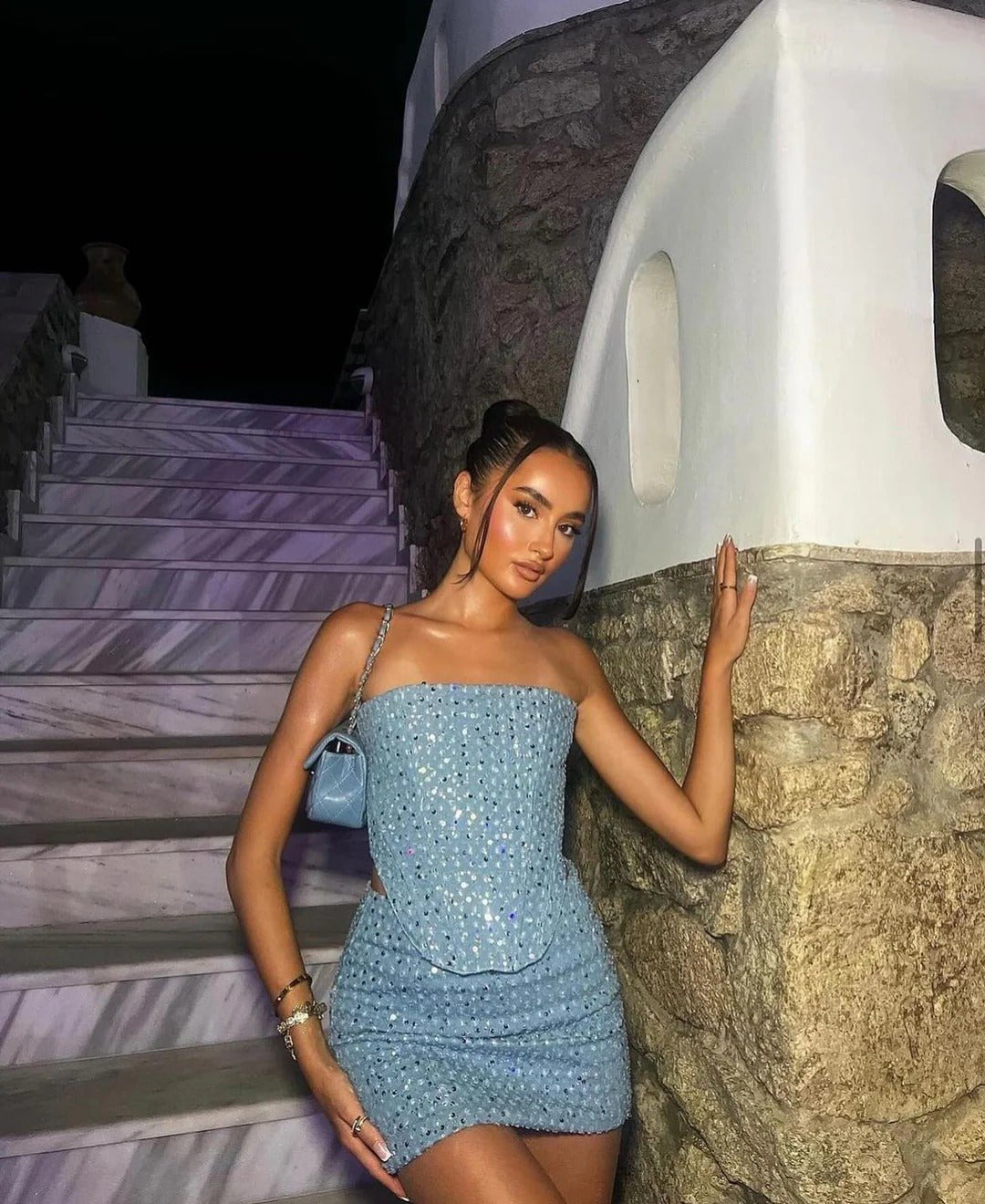 Women's Blue Sequin Strapless Bodycon Party Mini Dress