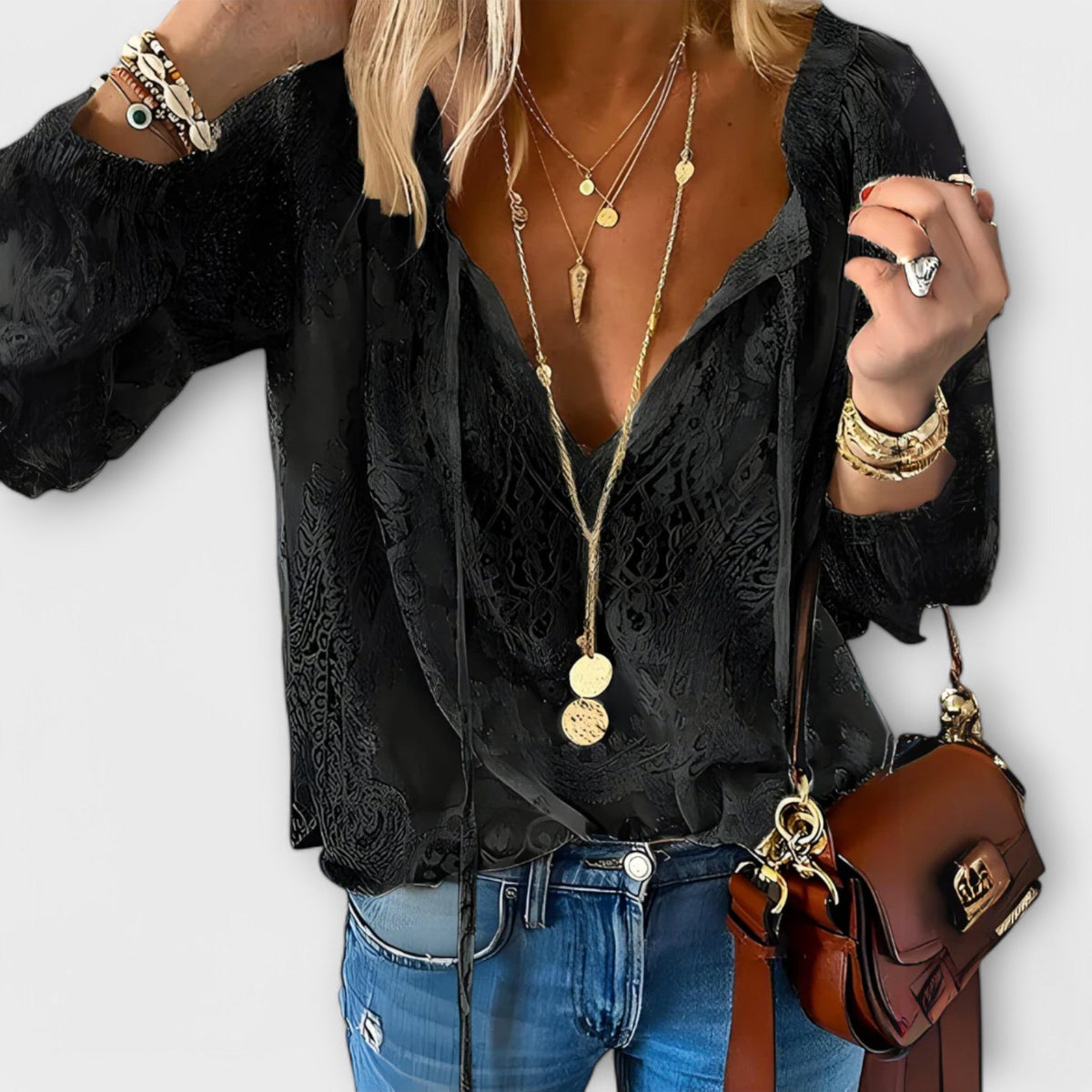 Women's Boho V-Neck Long Sleeve Casual Top