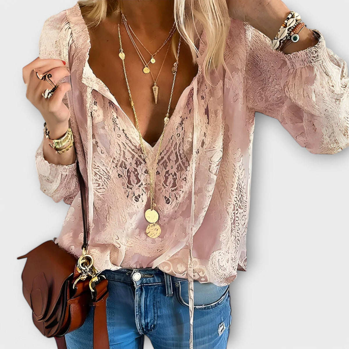 Women's Boho V-Neck Long Sleeve Casual Top