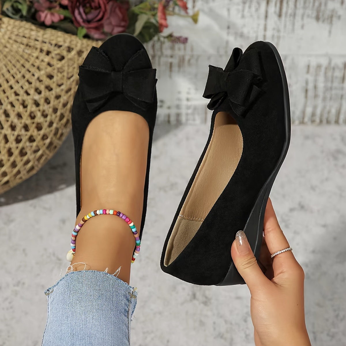 Women's Bow Detail Round-Toe Slip-On Wedge Ballet Flats