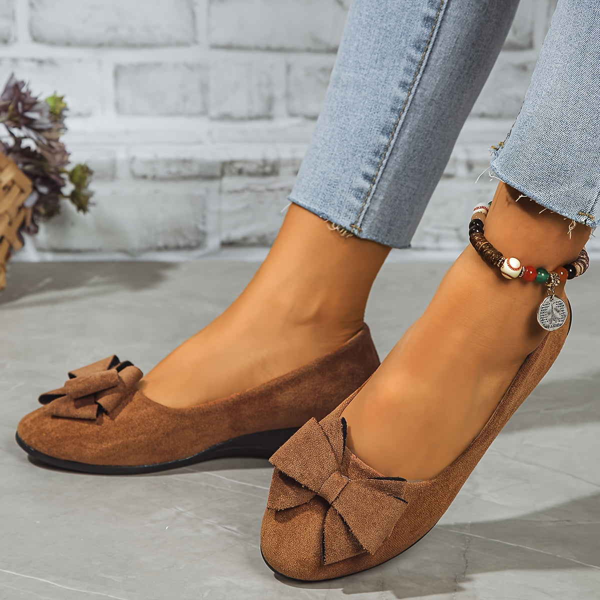 Women's Bow Detail Round-Toe Slip-On Wedge Ballet Flats