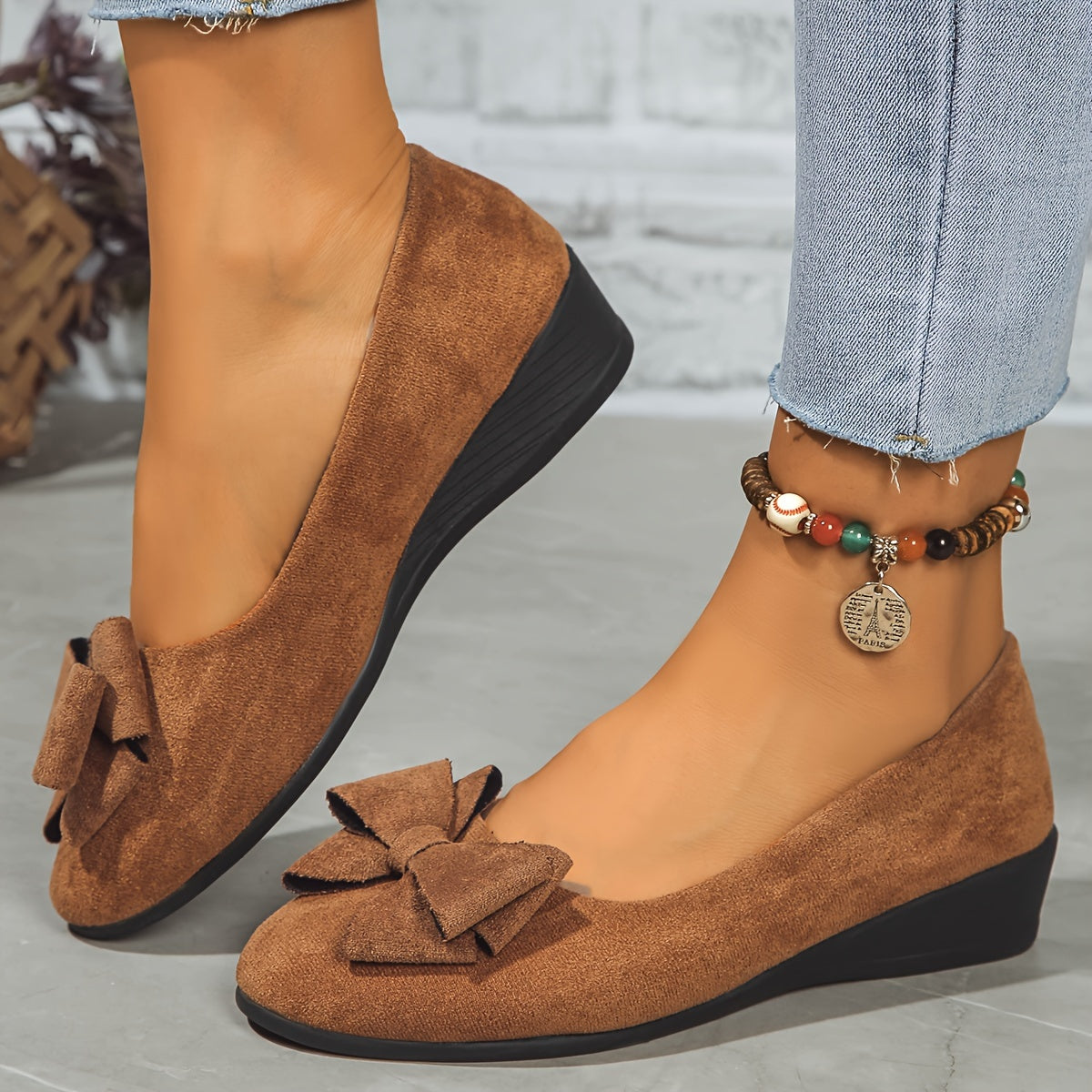 Women's Bow Detail Round-Toe Slip-On Wedge Ballet Flats