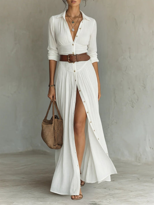 Women's Button-Front Belted Maxi Shirt Dress