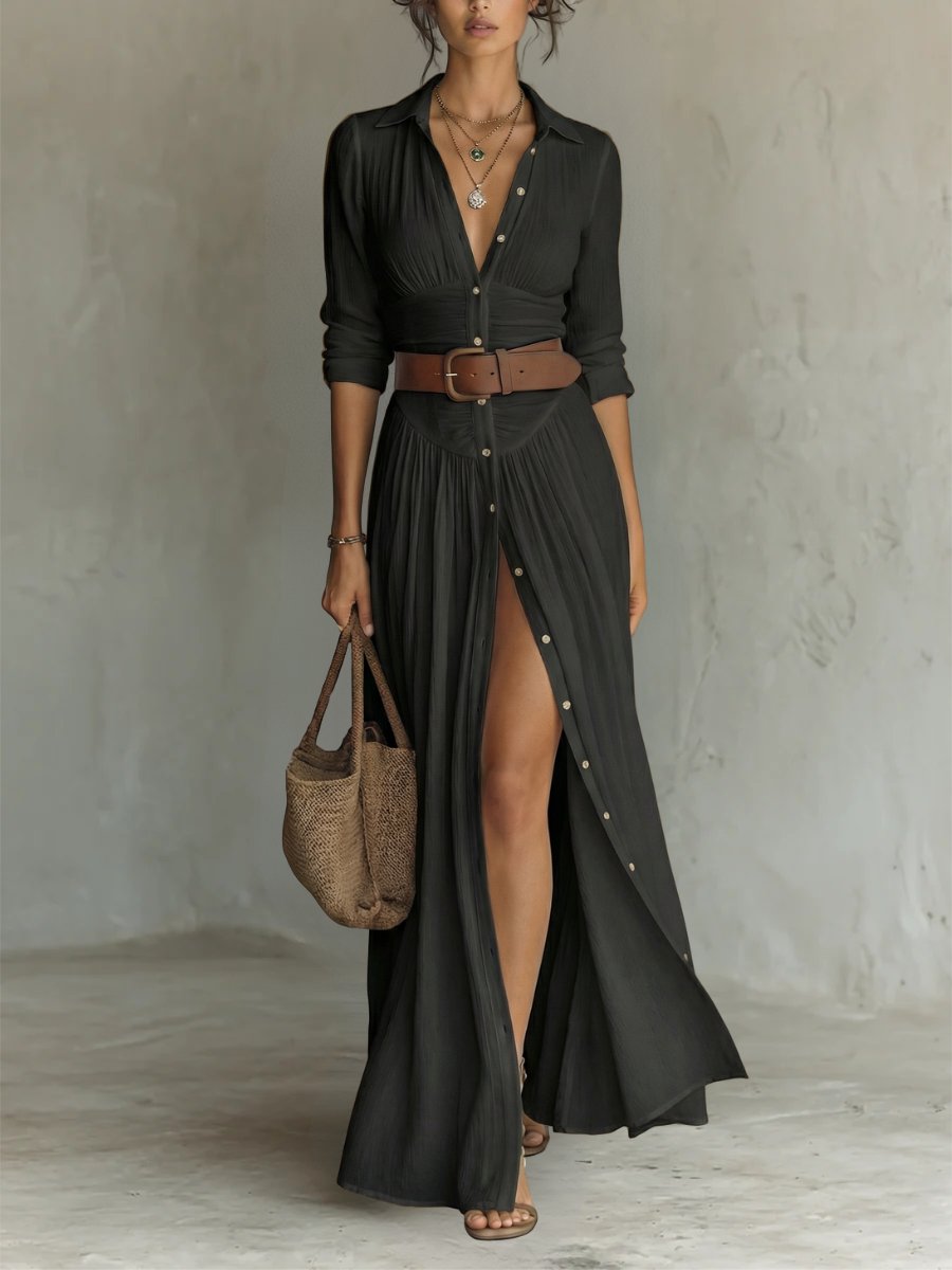 Women's Button-Front Belted Maxi Shirt Dress