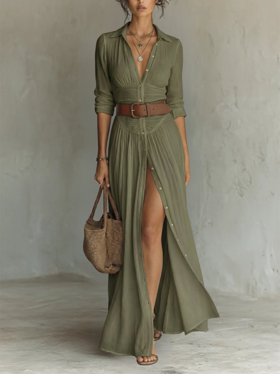 Women's Button-Front Belted Maxi Shirt Dress