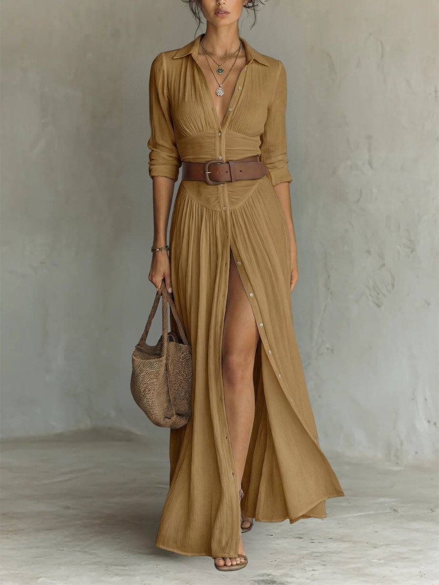 Women's Button-Front Belted Maxi Shirt Dress