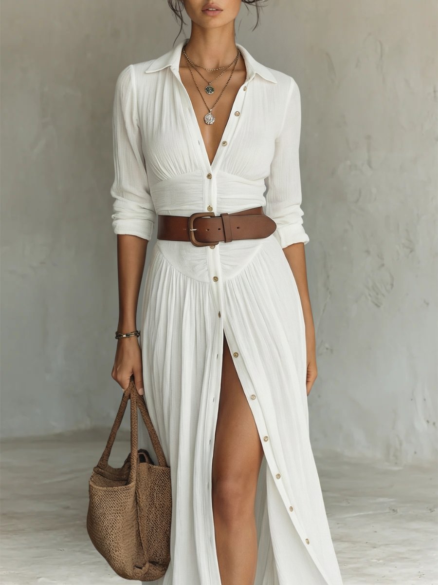 Women's Button-Front Belted Maxi Shirt Dress