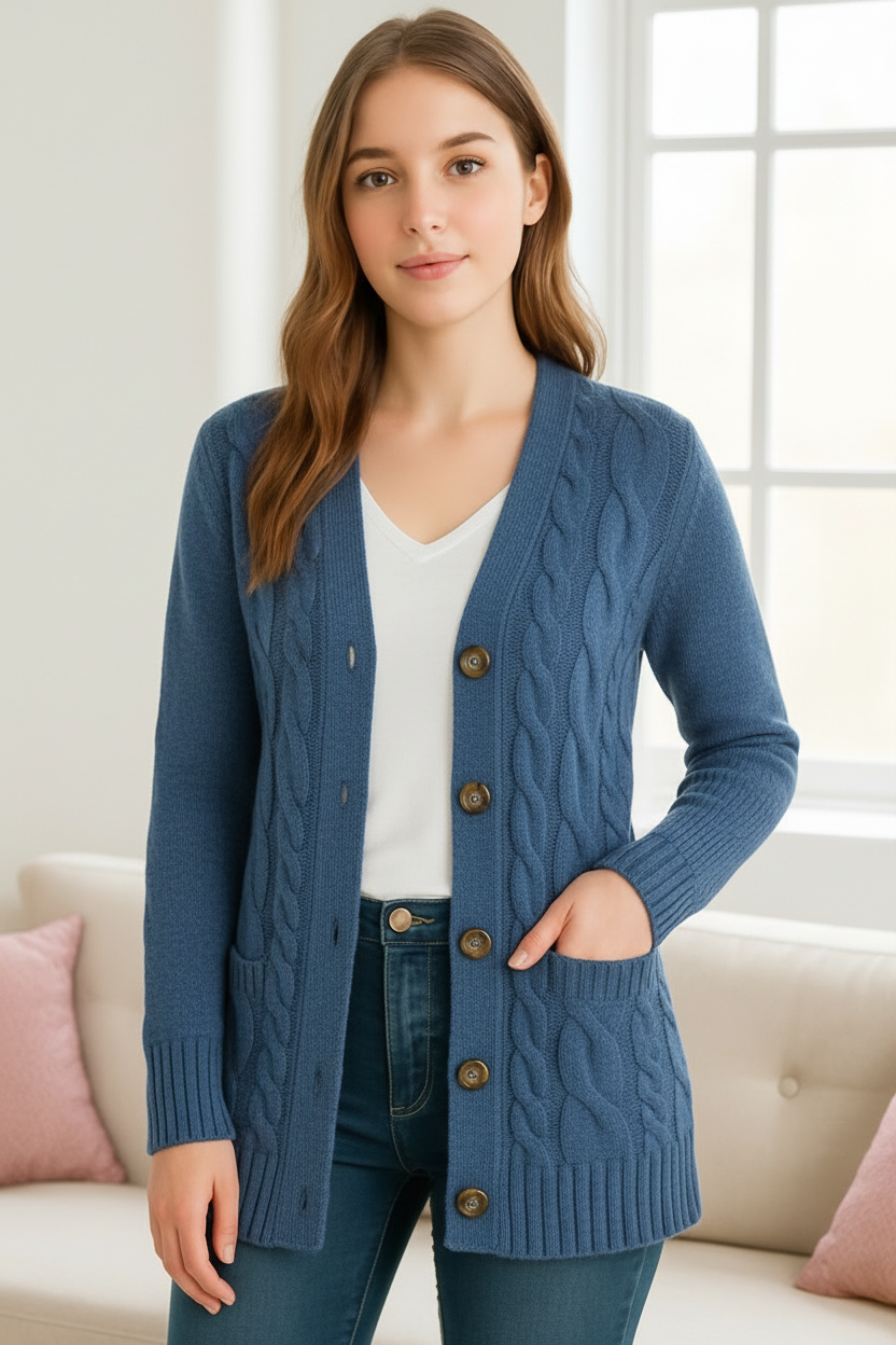 Women's Cable Cardigan - Lightweight Spring Layering, Blue or Black